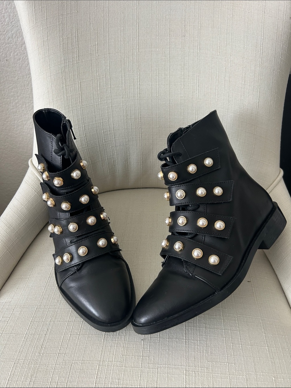 Black Pearl-Embellished Leather Ankle Boots